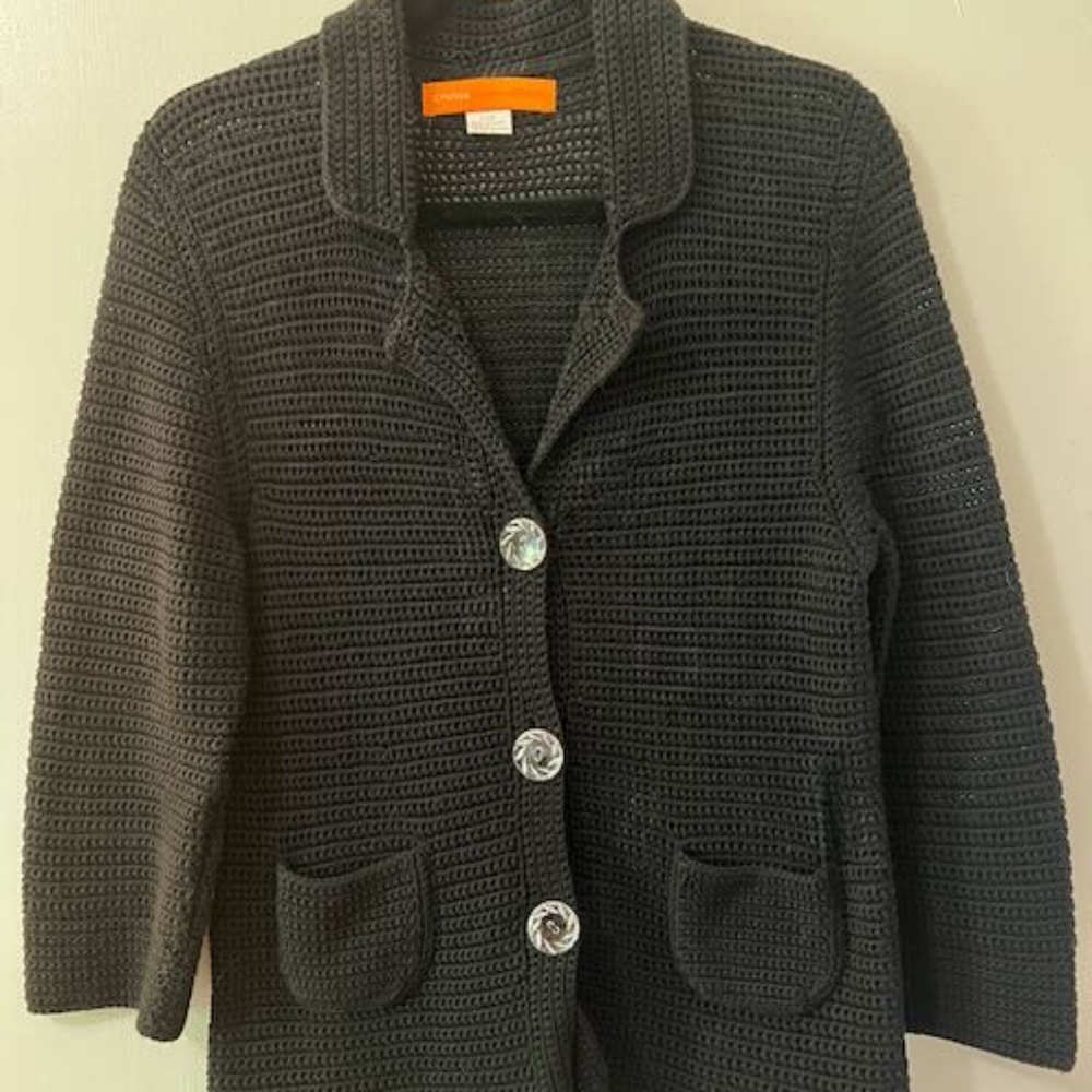 CYNTHIA STEFFE Black Cardigan Jacket 3/4  Sleeve Sweater Glass Buttons M/L